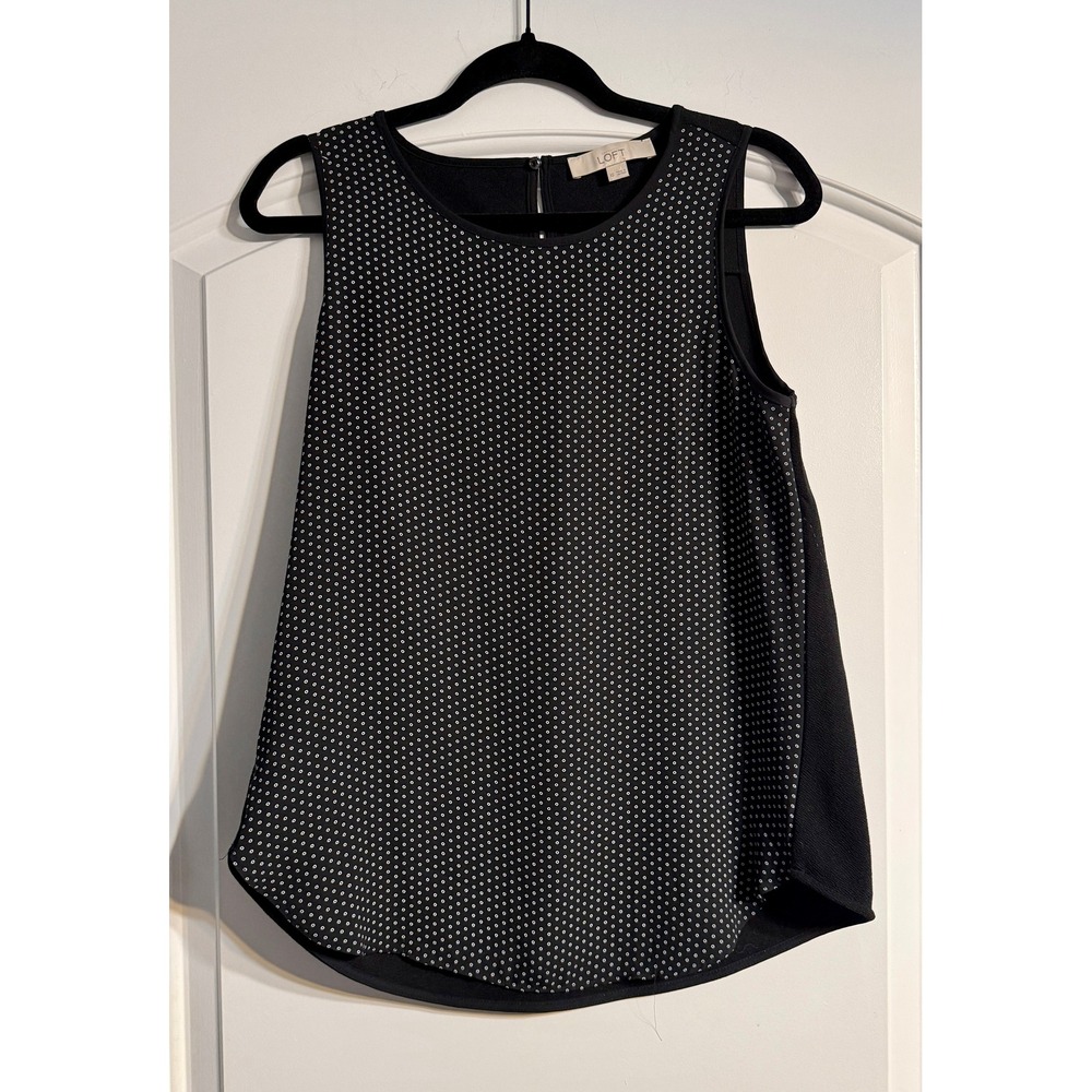 LOFT Tank Top Women XS Black‎ White Excellent Dotted Mixed Media Sleeveless